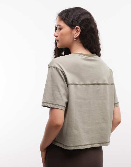 COLLUSION boxy seam detail tee in khaki, 3 of 4