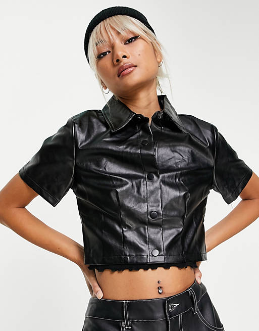 COLLUSION boxy short sleeve cropped faux leather shirt in black