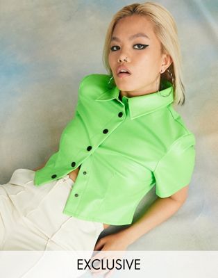 COLLUSION boxy short sleeve shirt in green PU