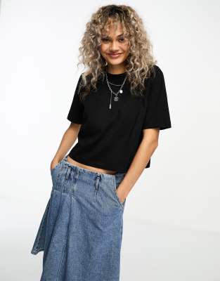 COLLUSION boxy short sleeve cropped faux leather shirt in black