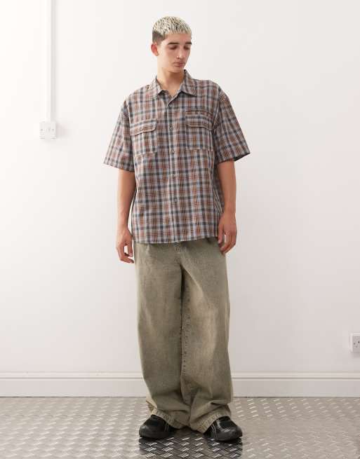 COLLUSION boxy skate shirt in brown check, 2 of 5