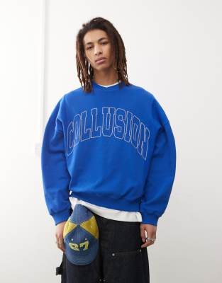 boxy sweatshirt in blue and navy panels with embroidery