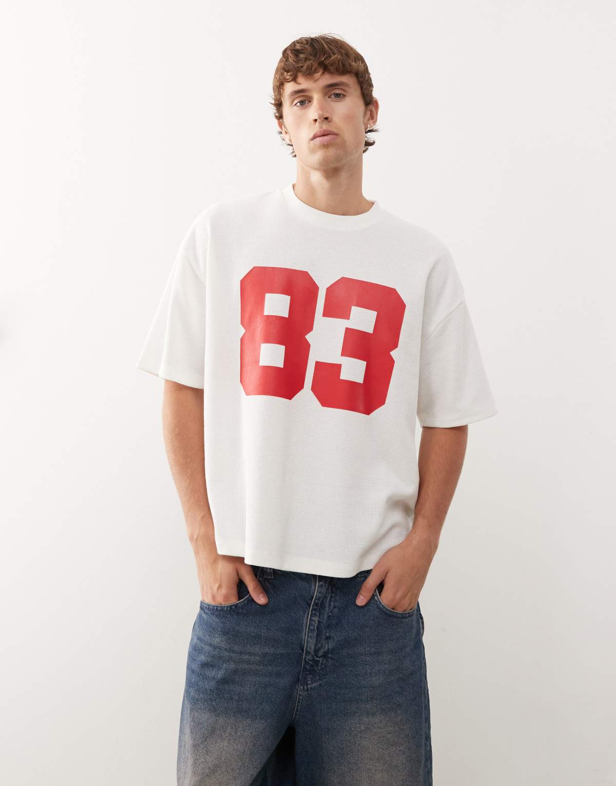 COLLUSION boxy t-shirt in with sports print and waffle fabric in white