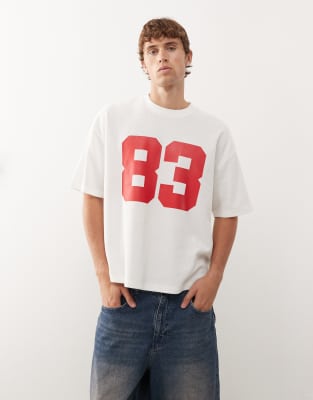 boxy t-shirt with athletic print and waffle knit fabric in white