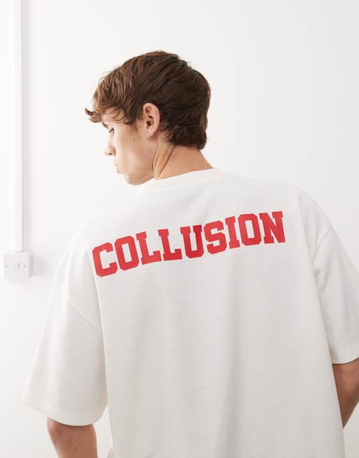 COLLUSION boxy t-shirt with athletic print and waffle knit fabric in white, 4 of 4