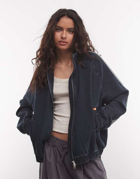 COLLUSION boxy track denim jacket with sporty trim in dark grunge wash co-ord - view 1