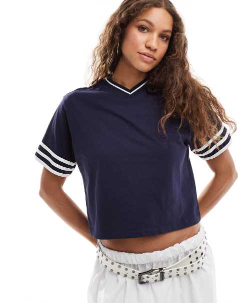 COLLUSION boxy v-neck cropped t-shirt in navy - view 1