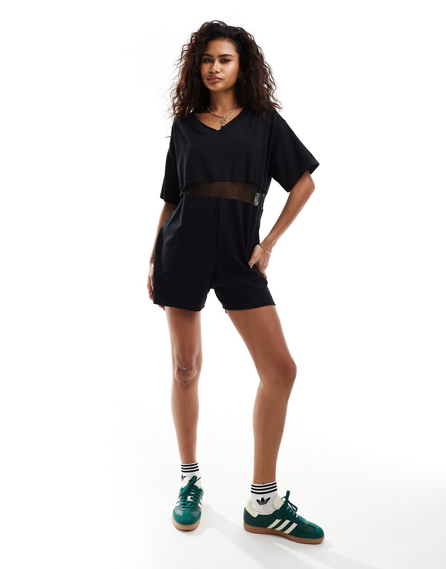 COLLUSION boxy v neck romper with sports mesh detail in black