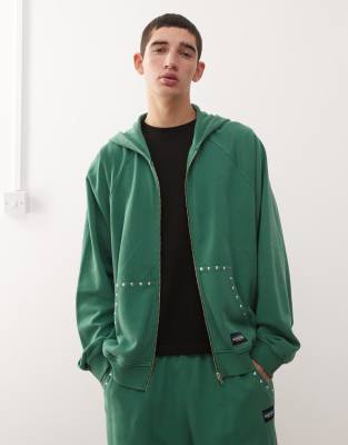 Collusion COLLUSION Boxy zip through hoodie in green with studded detail