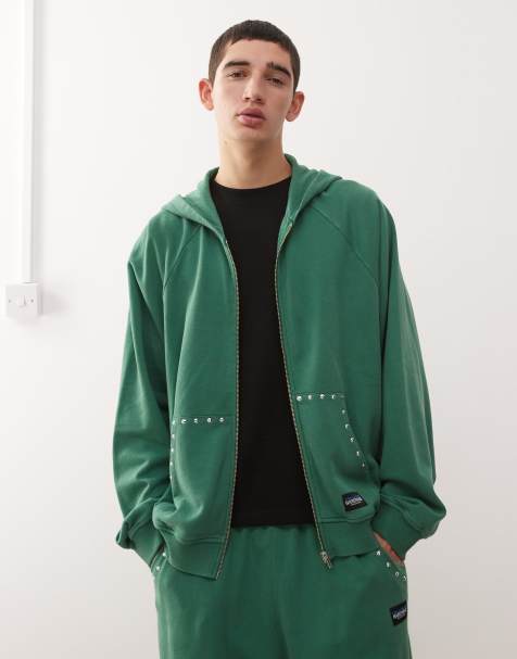 COLLUSION boxy zip-through hoodie in green with studded detail - view 1