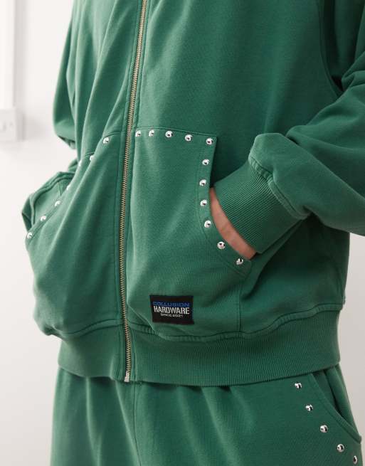 COLLUSION Boxy zip through hoodie in green with studded detail ASOS