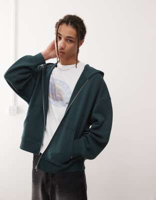 boxy zip up hoodie in dark green