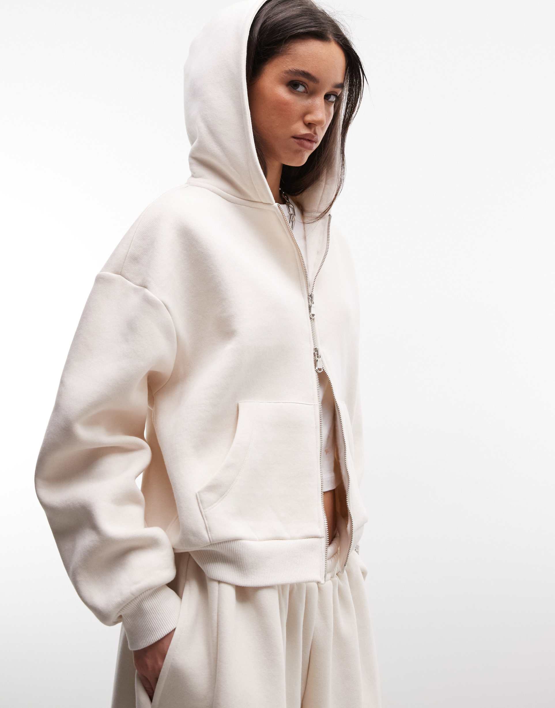 collusion boxy zip up hoodie in ivory