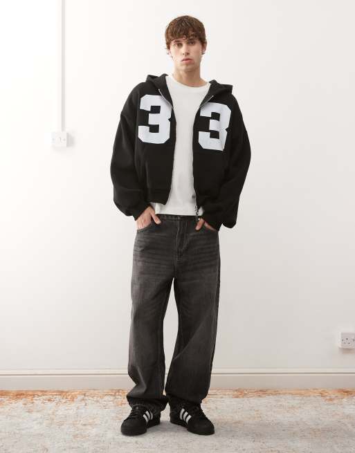 COLLUSION boxy zip up hoodie with number graphic in black