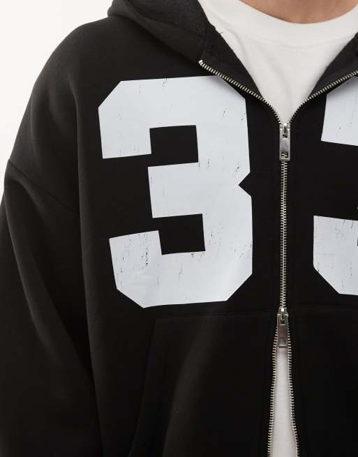 COLLUSION boxy zip up hoodie with number graphic in black