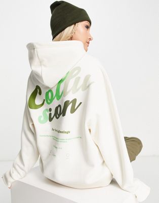 COLLUSION branded back print hoodie in ecru