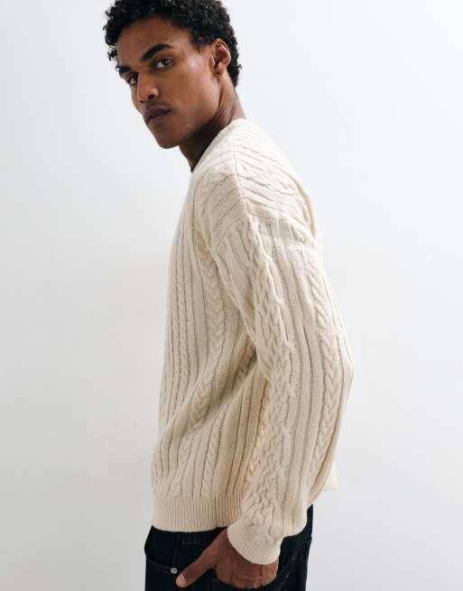 COLLUSION branded cable knit oversized crew neck jumper in ecru, 2 of 5