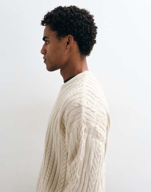 COLLUSION branded cable knit oversized crew neck jumper in ecru, 5 of 5