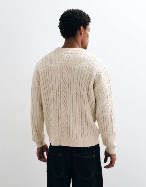 COLLUSION branded cable knit oversized crew neck sweater in ecru, 4 of 5