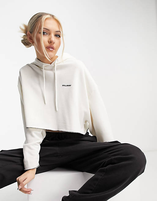 COLLUSION branded cropped hoodie in ecru