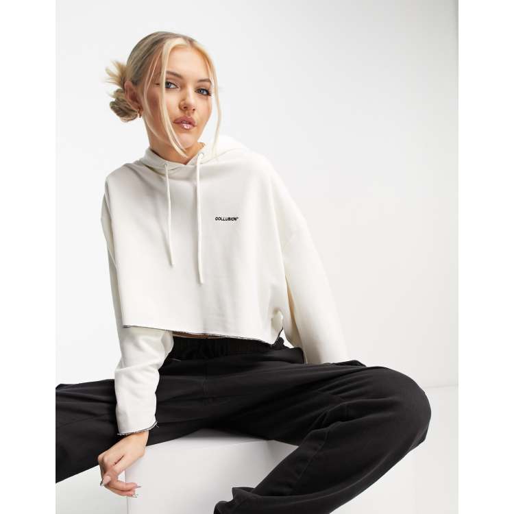 COLLUSION branded cropped hoodie in ecru