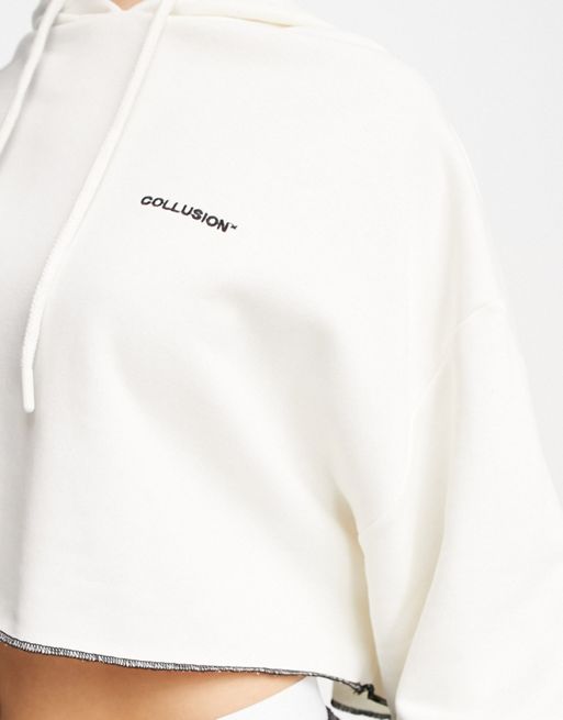 COLLUSION branded cropped hoodie in ecru