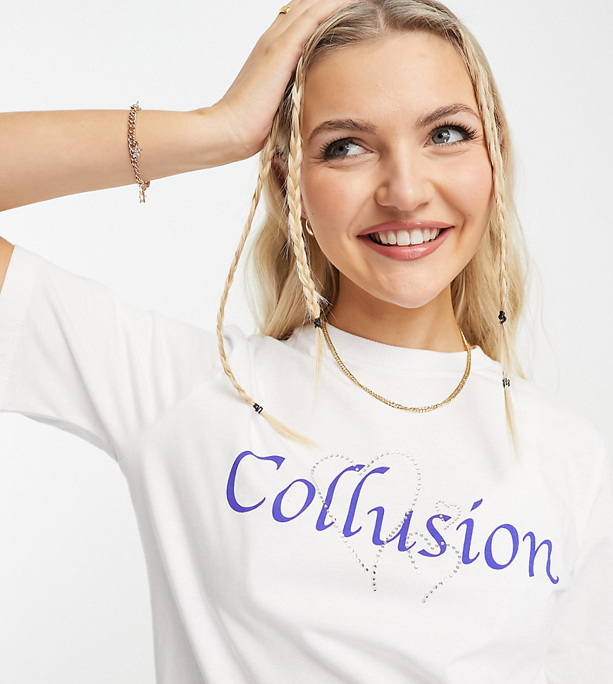 COLLUSION branded diamante t-shirt in white