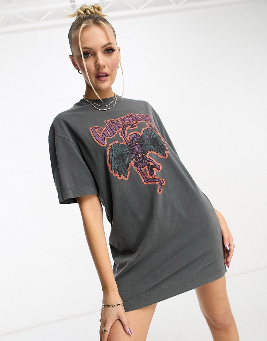 COLLUSION branded graphic t-shirt dress in grey