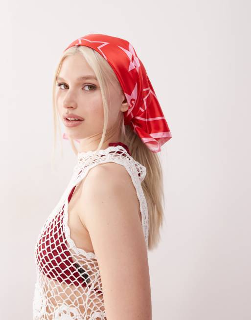 COLLUSION branded heart print headscarf in red