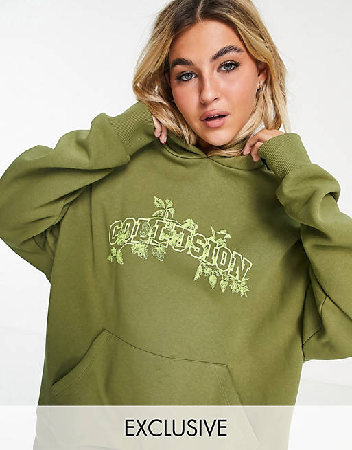 COLLUSION branded oversized hoodie in khaki, 1 of 4