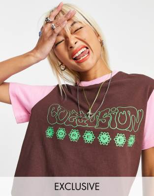 COL   LUSION branded raglan print t-shirt in brown & pink | ASOS
