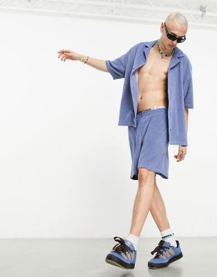 Collusion Branded Terrycloth Beach Shirt In Blue - Part Of A Set In Blue