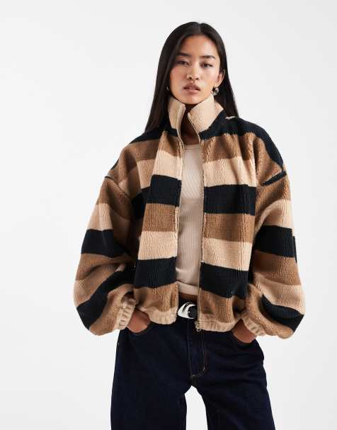 COLLUSION stripe borg fleece zip through top in brown