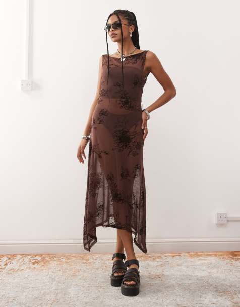 COLLUSION mesh flocked dress in brown