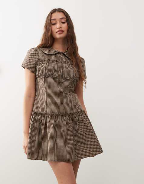 COLLUSION mini shirt dress in neutral gingham