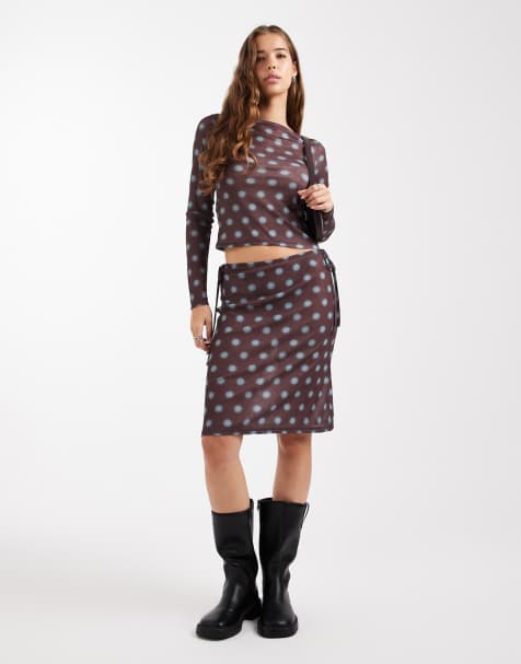 COLLUSION awkward length blur spot skirt in brown blue co-ord
