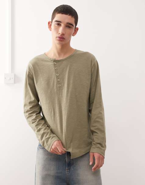 COLLUSION – Brązowy niesymetryczny T-shirt z dekoltem henley - view 1