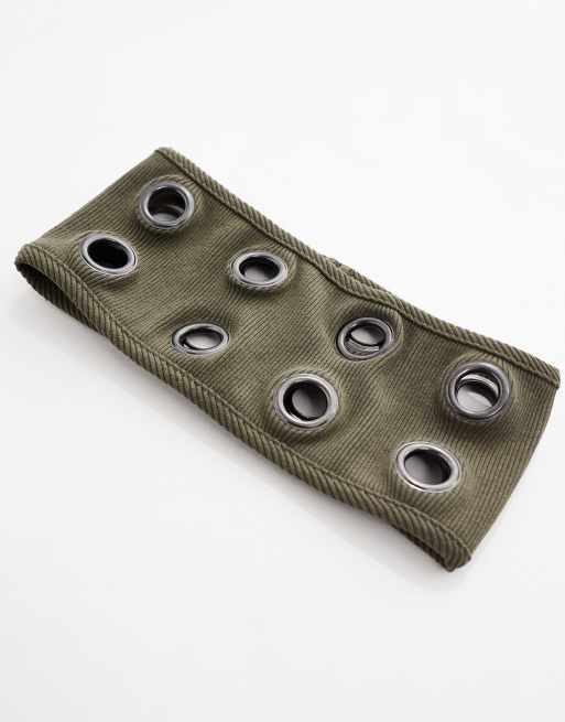 Damen Stirnband Mit Ösen Khaki - Elastisches Haarband Punk Style Für Yoga & Sport