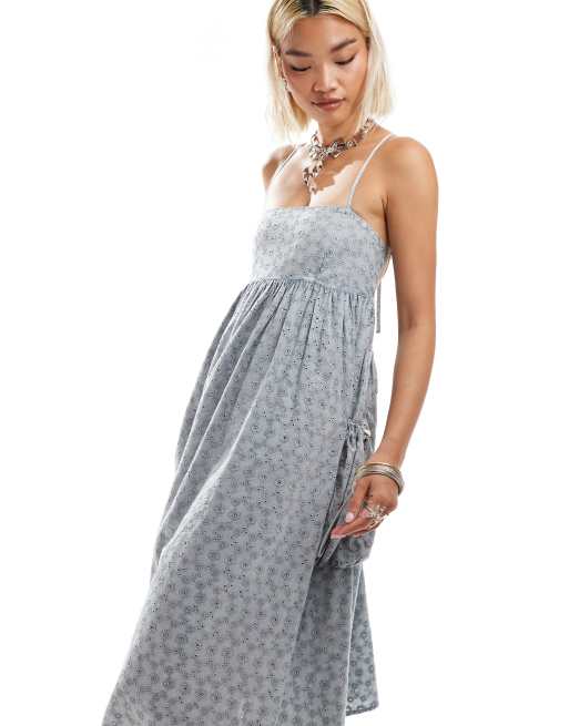COLLUSION broderie babydoll dress with utility pocket in washed blue, 3 of 4