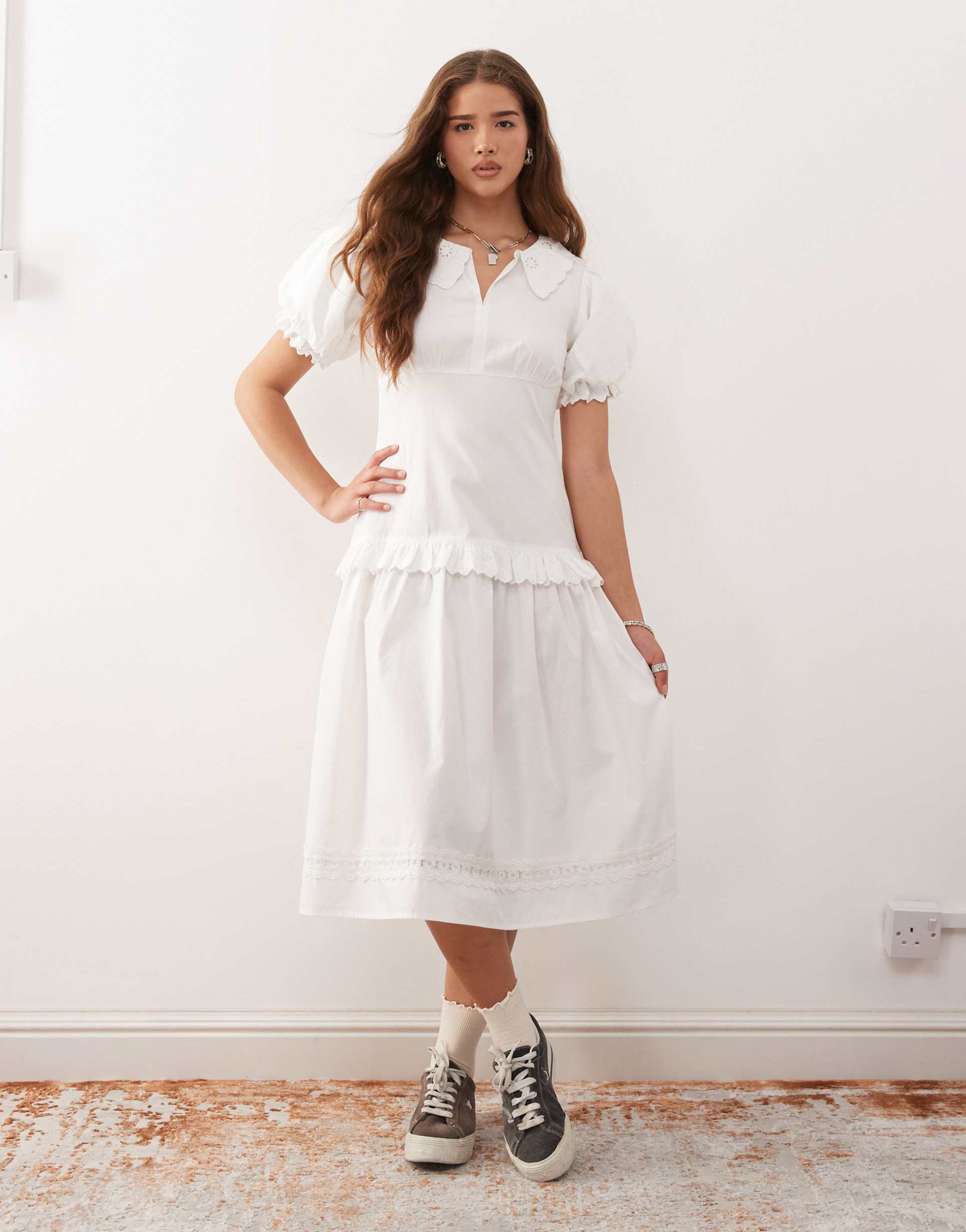 collusion broderie collar pintuck midi dress in white