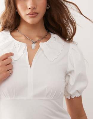 Collusion Broderie Collar Pintuck Midi Dress In White