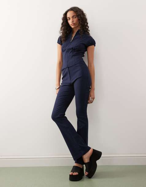 COLLUSION - Broek met lage taille en krijtstreep in marineblauw - view 1