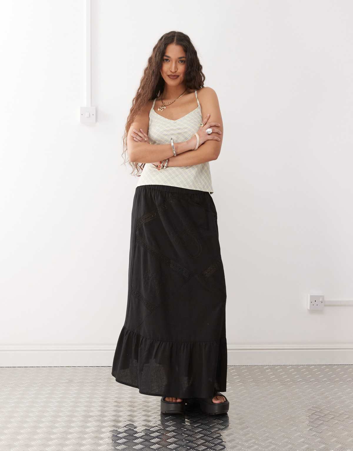 COLLUSION broidery maxi beach skirt in black