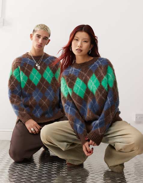 COLLUSION – Brun, argylemönstrad, fluffig tröja i unisex-modell - view 1