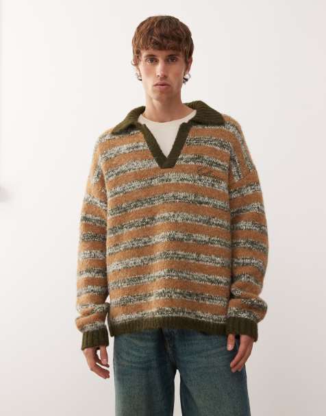 COLLUSION – Brun, stickad tröja med boxig passform, ränder och krage - view 1