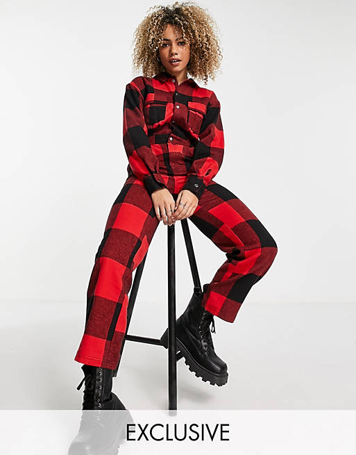 COLLUSION brushed check boilersuit in red and black