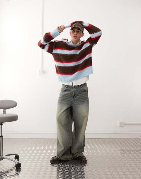 COLLUSION brushed oversized crew neck sweater in blue stripe - view 1