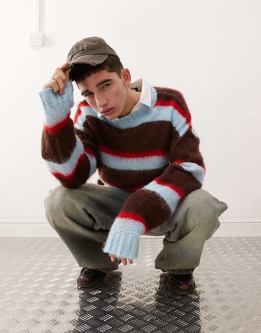 COLLUSION brushed oversized crew neck sweater in blue stripe