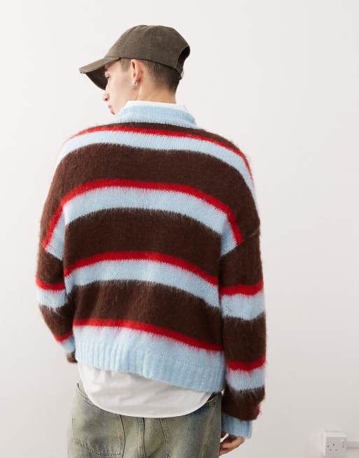 COLLUSION brushed oversized crew neck sweater in blue stripe