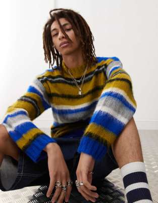 Collusion COLLUSION brushed oversized fluffy striped crew neck jumper in yellow stripe-Black